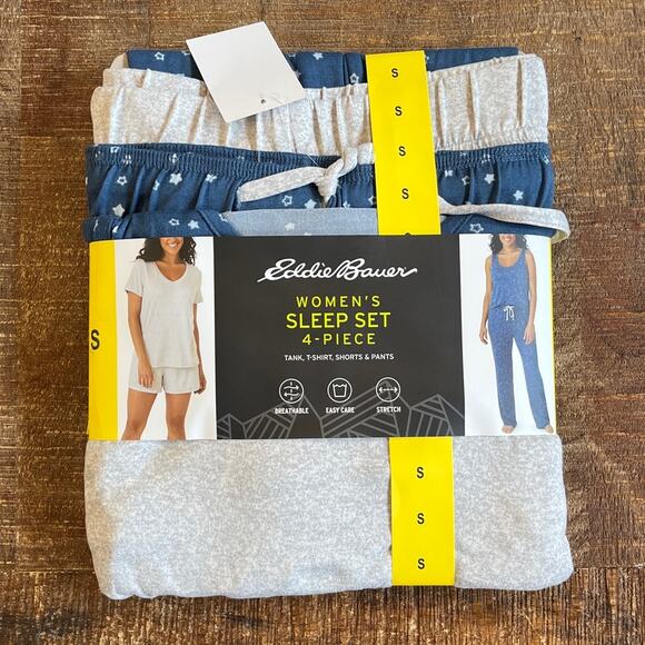 NEW Eddie Bauer 4 Piece Women's Sleep Set Small Tank Tee Shorts Pants Blue Grey - Picture 1 of 4